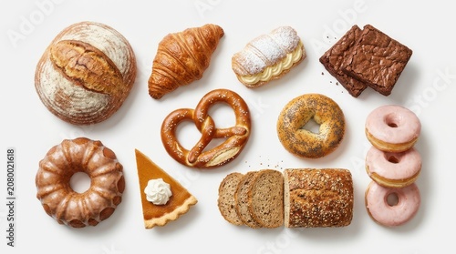 Top view collection of freshly baked artisan bread and assorted sweet pastries on white background.