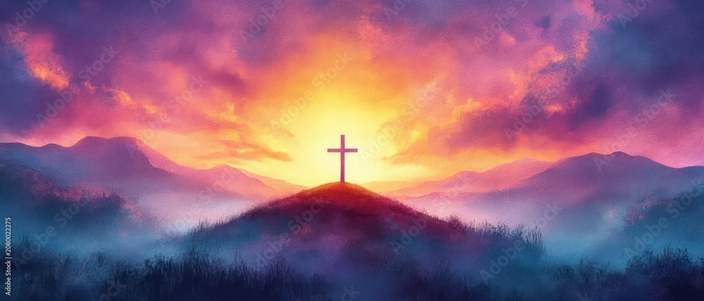 Fototapeta premium Lone cross silhouetted on a grassy hill at a radiant sunrise, misty valleys and purple-orange mountains evoking serene hopeful calm
