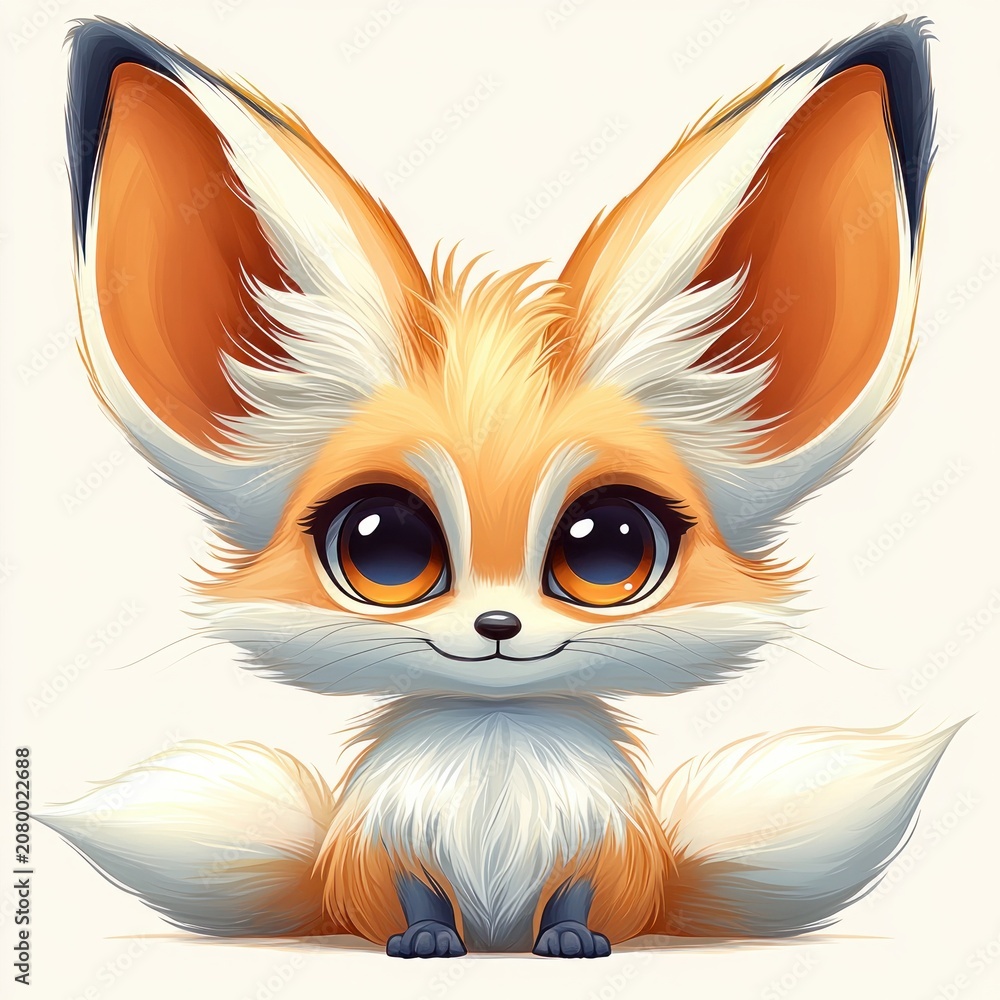 Fototapeta premium Adorable fluffy fennec fox cub sitting with oversized ears and huge glossy eyes, soft orange and white fur, bushy tail, tiny paws, and a playful smiling expression