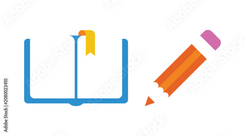 Open book and pencil stationery icons representing writing and study with literature education bookmark stationery knowledge learning creative classroom academic textbook