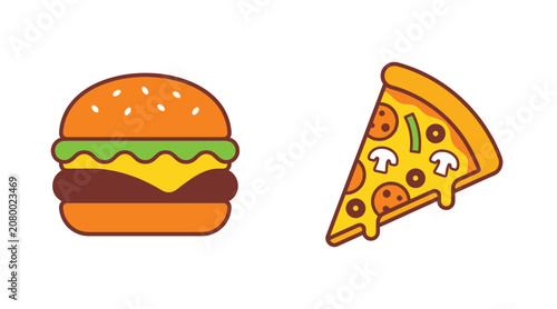 Cheeseburger and pizza slice icons representing fast food with fastfood hamburger pepperoni junkfood restaurant takeaway delicious culinary delivery nutrition snacking