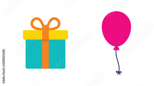 Gift box icon with ribbon and a single pink balloon birthday celebration surprise colorful wrapping anniversary decoration isolated illustration celebrate occasion