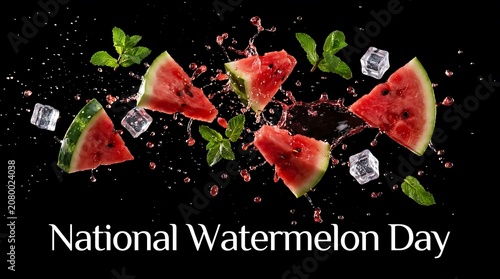National watermelon day celebration with fresh slices mint and ice cubes