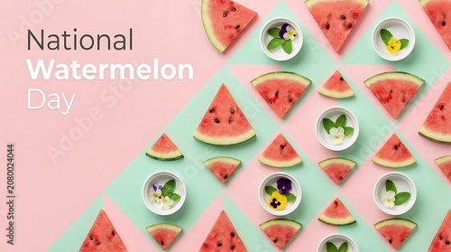 National watermelon day creative background pattern with fresh fruit slices