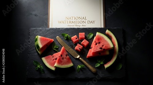 National watermelon day card with fresh slices and knife on slate board