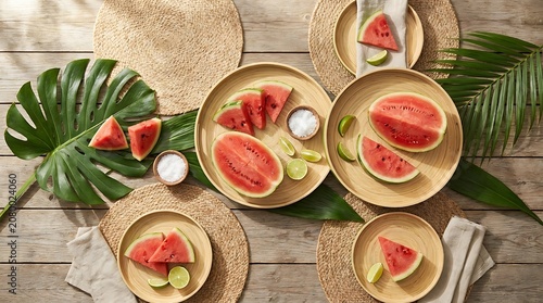 Top view of fresh sliced watermelon on tropical wooden table with palm leaves