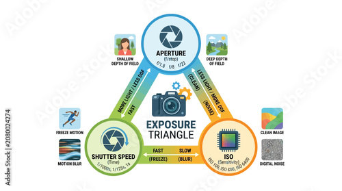 Fotografija Photography, exposure triangle, aperture, shutter speed, ISO infographic, vector