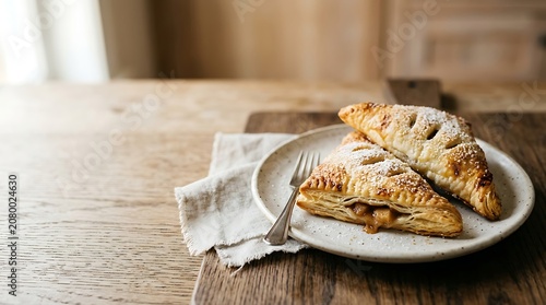 Freshly baked apple turnovers dusted with sugar on a rustic table