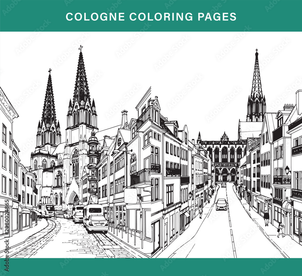 Fototapeta premium Cologne coloring pages pack with Germany landmarks outline and cathedral vector line art illustrations. Detailed European gothic architecture set for adult coloring book and travel graphic design