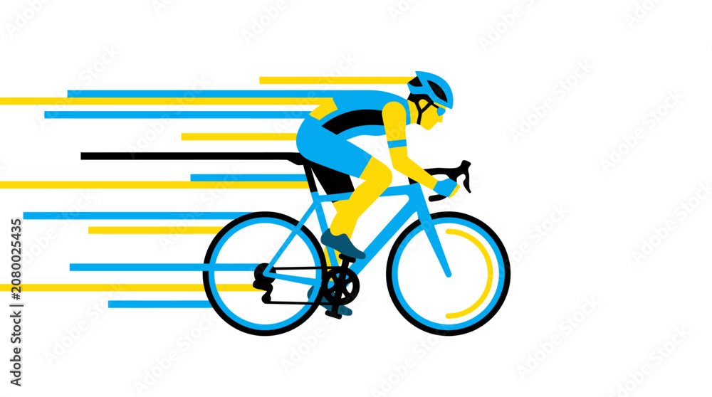 Fototapeta premium Cyclist rides quickly on a blue bicycle through motion lines outdoors.