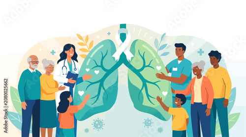 Vector illustration of diverse people and medical staff celebrating world lung cancer day with big lungs and white ribbon