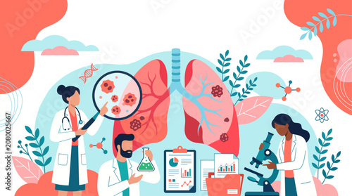 Scientists and medical professionals collaborate in a lab, researching and diagnosing lung cancer to raise awareness on World Lung Cancer Day for improved public health