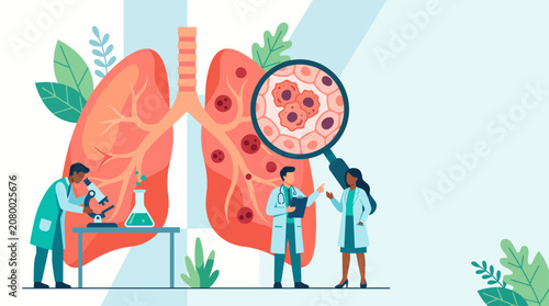 Medical illustration for world lung cancer day with doctors examining diseased lungs under magnifying glass and microscope