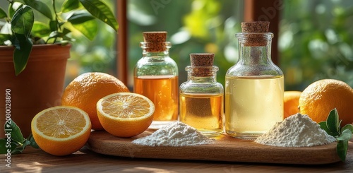 Sunlit kitchen still life with whole and halved oranges, small glass bottles of golden citrus oil with corks, two piles of white powder on a wooden board beside a potted plant, fresh and cozy