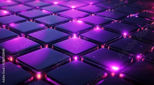 Glossy black square tiles arranged in a glowing purple neon grid with reflective surfaces and luminous seams, futuristic electric and mysterious atmosphere