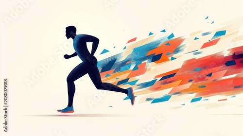dark silhouette of a runner sprinting forward with vibrant blue, orange, and red geometric trail conveying speed and determination