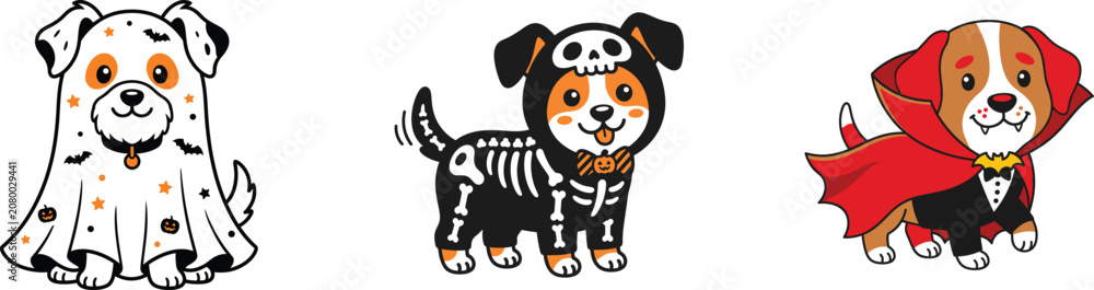 Fototapeta premium Halloween dogs in color vector illustrations of a ghost skeleton and vampire