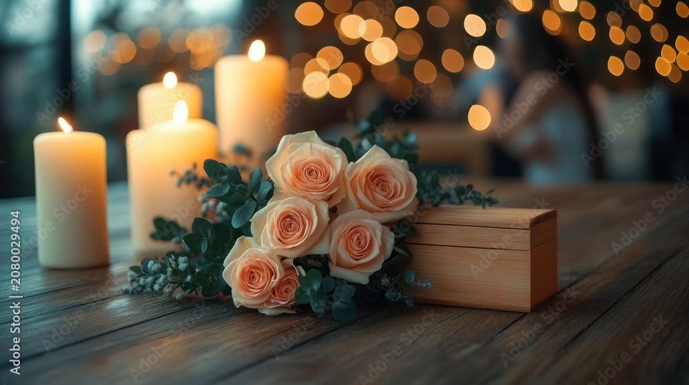 Obraz premium Peach roses and eucalyptus beside a wooden box on a rustic table with glowing candles, warm bokeh lights, and a blurred seated figure, evoking a soft romantic and contemplative atmosphere