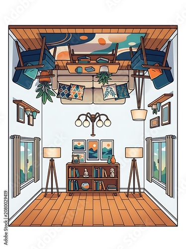Surreal upside down living room with gravity defying furniture