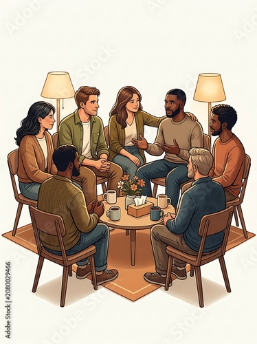 Diverse people sitting in a circle for a group therapy session