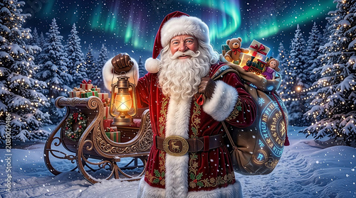 A portrait of Santa Claus standing in a magical winter wonderland at night.