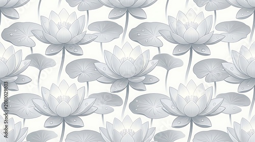 Minimalist seamless pattern of gray lotus flowers and lily pads