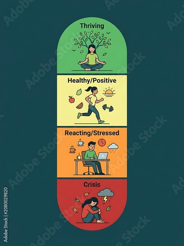 Mental health spectrum infographic showing states of wellness and stress