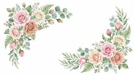 Watercolor Floral Corner Accents, Delicate Rose and Eucalyptus Bouquets, Romantic Wedding Design Elements, Soft Pastel Botanical Illustrations isolated on White Background