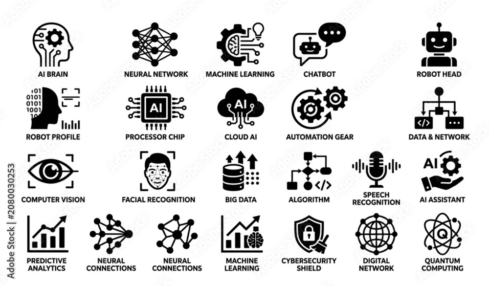 Fototapeta premium Black and white AI technology icon set with artificial intelligence machine learning and automation symbols vector illustration isolated on white background