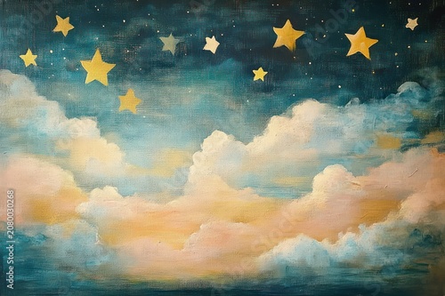 dreamy painted sky with golden stars above pastel fluffy clouds, serene and whimsical mood