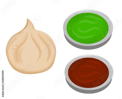 Cartoon momos dumpling with green and red sauce illustration