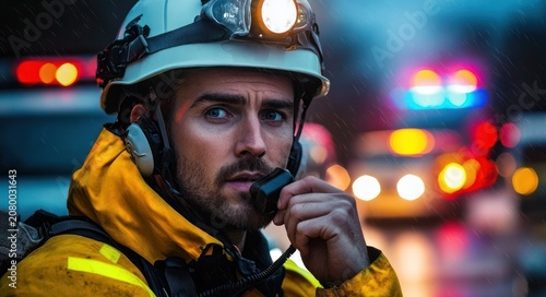 firefighter in yellow turnout gear with helmet and headlamp speaking into radio during rainy night with blurred flashing emergency vehicle lights, face obscured, focused and urgent