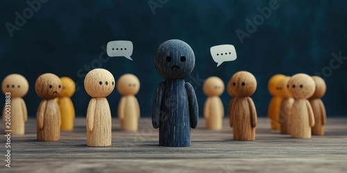 dark wooden figure with a sad face standing isolated on a wooden surface, surrounded by lighter wooden peg dolls and speech bubbles, conveying loneliness and exclusion