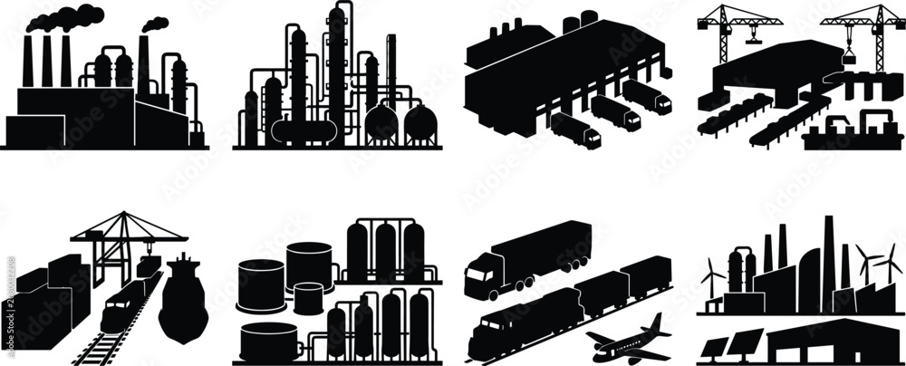 Obraz premium Industrial Factory Warehouse and Logistics Infrastructure Vector Icon Set Featuring Global Freight Shipping and Smart Manufacture Concepts