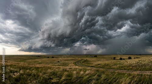Dramatic Storm Clouds Gathering Over a Green Rural Field in a Summer Landscape Under a Dark Blue Sky