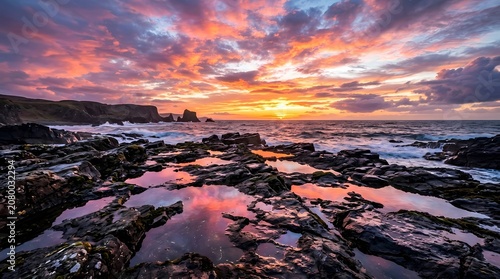 Golden Sunset Over the Ocean and Sandy Beach with Waves and Dramatic Clouds on the Horizon