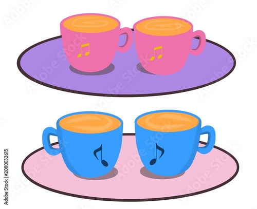  Cartoon coffee or tea cups on colorful trays illustration set
