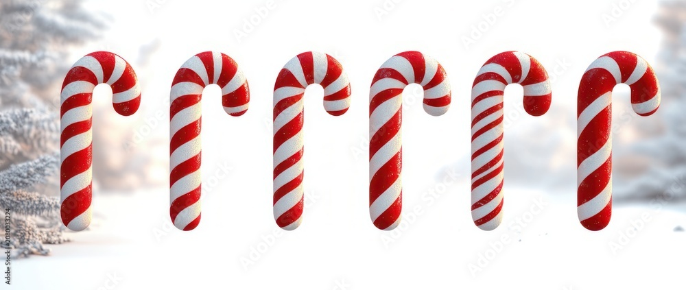 Fototapeta premium seven red and white striped candy canes lined up on snow with frosted pine trees in soft winter light, festive and cheerful