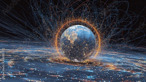 Futuristic depiction of Earth surrounded by glowing energy lines and swirling particles, representing global connectivity and innovation