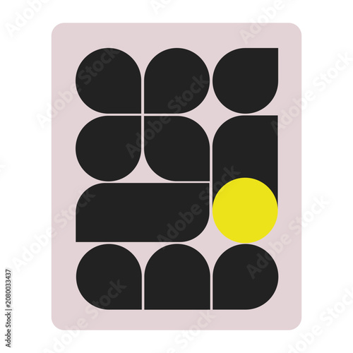 Abstract geometric composition featuring black shapes and a yellow circle on a pale pink background