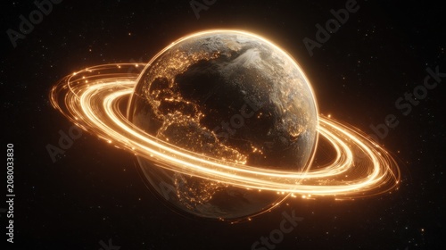 Shimmering Earth Surrounded by Glowing Golden Rings in Deep Space with Stellar Background and Night Sky