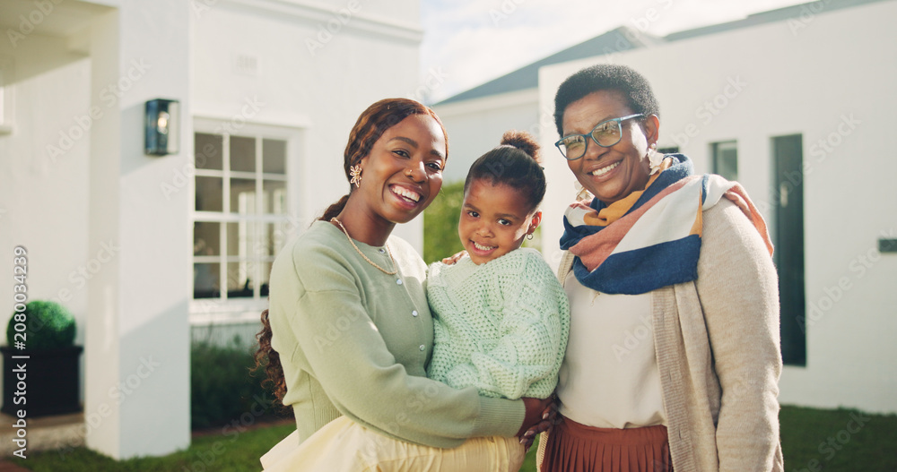 Fototapeta premium Portrait, mom and girl with grandmother for new house, relocation and moving to dream home. African family, generations and woman with child, senior parent and smile for bonding, love and property