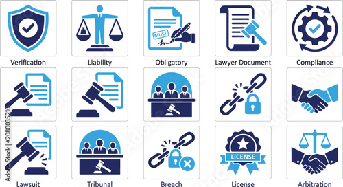 Obraz na płótnie Collection of legal icons showing court proceedings judiciary symbols legal documents and tribunal items