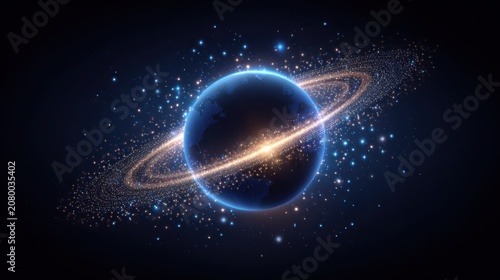 Stunning Planet with Rings Surrounded by Stars and Cosmic Dust in Vast Universe with Colorful Galaxy Background