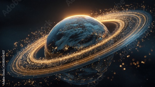 Beautiful Earth Surrounded by Stunning Rings and Sparkling Stars in Deep Space with Cosmic Background
