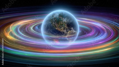 Vibrant Cosmic Swirls Surrounding Earth in a Majestic Space Scene with Colorful Light Trails
