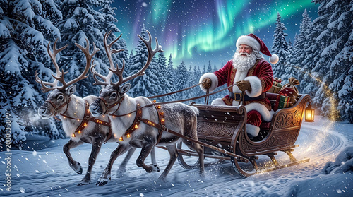 Santa Claus in a traditional deep red velvet suit with ultra-textured fluffy fur trim, riding a beautifully carved ornate wooden sleigh.