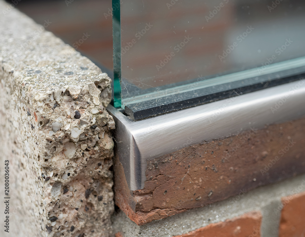 Fototapeta premium Close Up Of Architectural Detail Featuring Glass Panel Integrated With Brick And Concrete Wall Structure