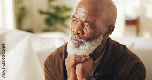 Quadro su tela Thinking, serious or old man in home with nostalgia, wondering mindset or contemplating on past memory