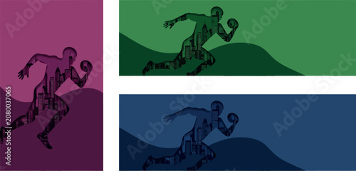 Abstract Track and Field Runner Sports Banner Vector Set; Stylized Running Athlete Silhouettes with Dynamic Movement Lines on Purple, Green, and Blue Background Layouts for Marathon Posters